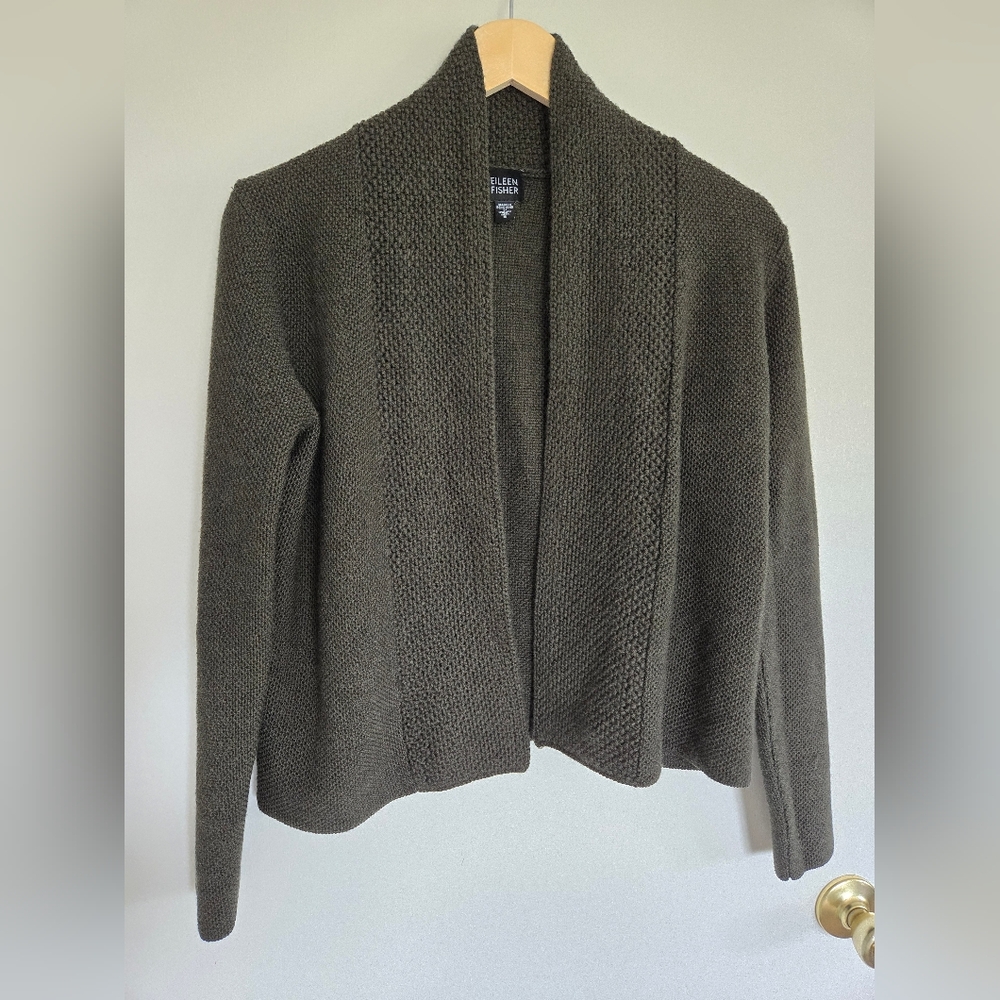 Eileen Fisher Open Front Cardigan Women's S Green Merino Wool Knit